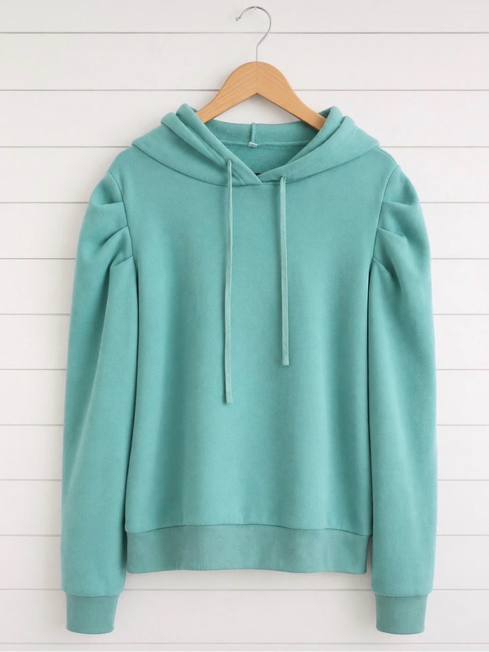 Women's Mint-Teal Hooded Sweatshirt with Puff Shoulder